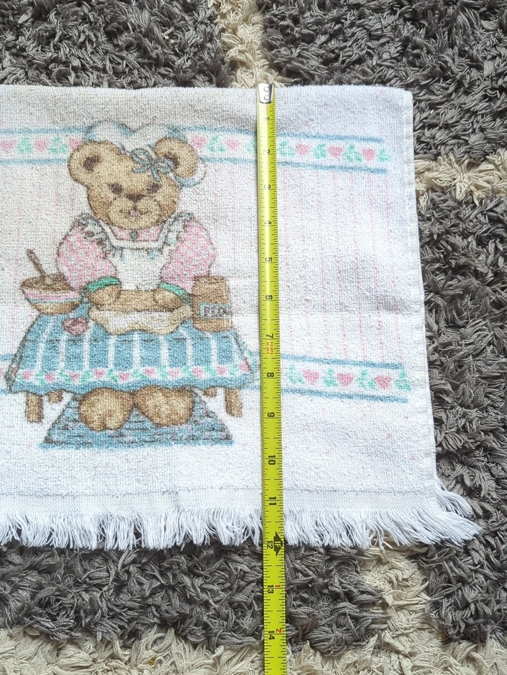 Cute Vintage Grannycore Teddy Bear Kitchen Towel Pink and Teal With Hearts